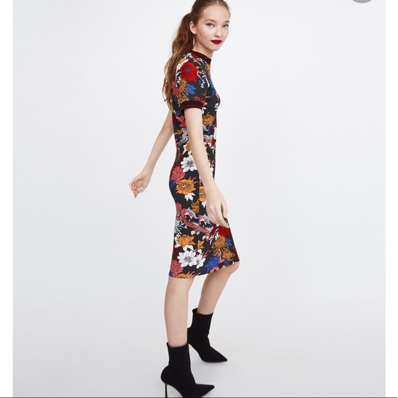 🔴SOLD🔴Zara floral print ribbed bodycon dress sz - Picture 2 of 8